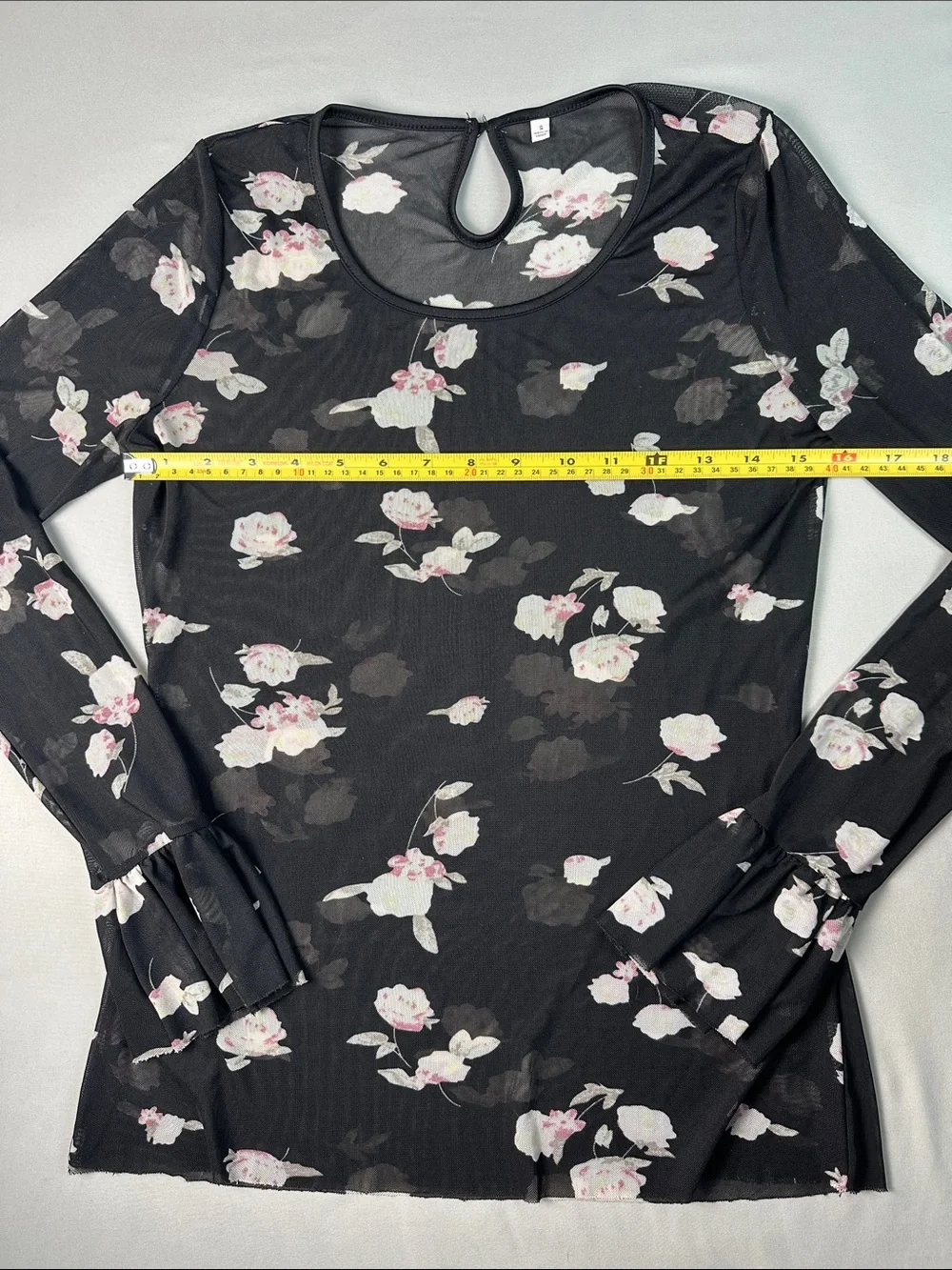 Women’s Black Floral Sheer Long Sleeve Mesh Shirt Bell Sleeve
